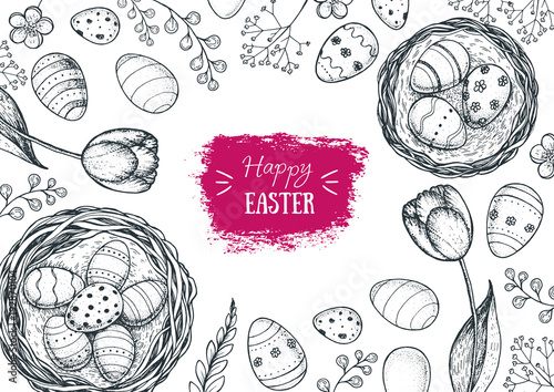 Happy Easter vintage frame. Hand drawn template for design. Easter eggs, spring tulip and branches collection. Retro style sketch