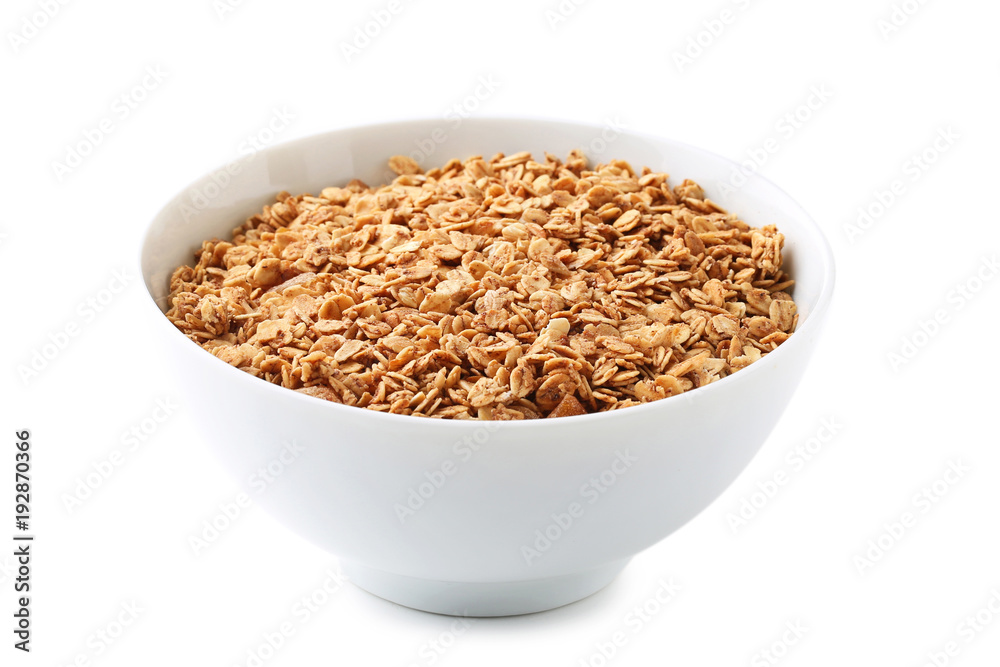 Tasty granola in bowl isolated on white background Tasty granola in bowl isolated on white background