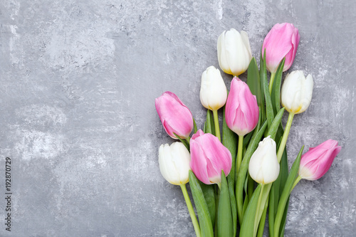 Fototapeta Naklejka Na Ścianę i Meble -  Bouquet of tulips on grey wooden table