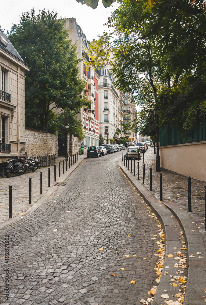 Cobblestone road moving up the hill of Montmartre in autumn Paris, France