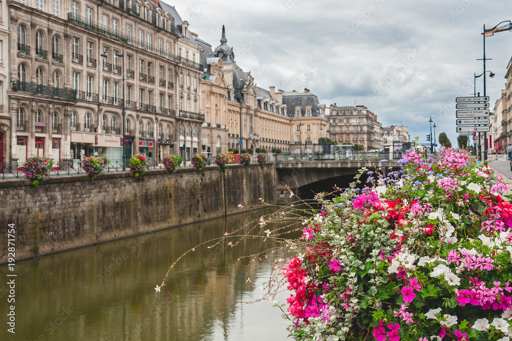 Close up of gorgeous flower decorations along the embankment of River Vilaine in Rennes, Brittany, France