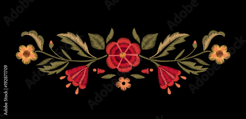 Fototapeta Naklejka Na Ścianę i Meble -  Embroidered flowers on a black background. Vector floral print. Vintage design.
