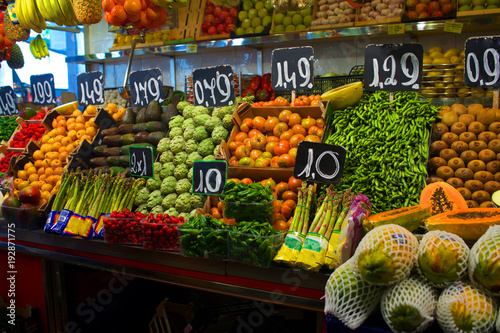 Fresh fruits on stands at the market