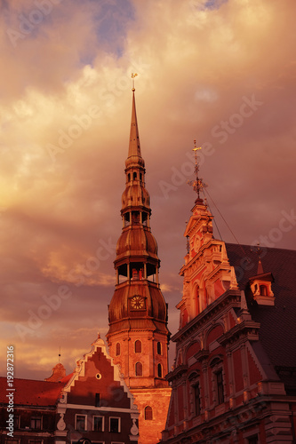 Ancient St Peter cathedral in Riga on the sunset 