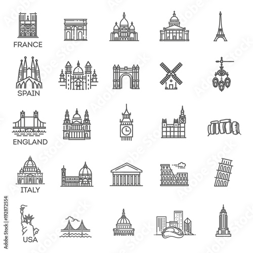 Simple linear Vector icon set representing global tourist landmarks and travel destinations for vacations