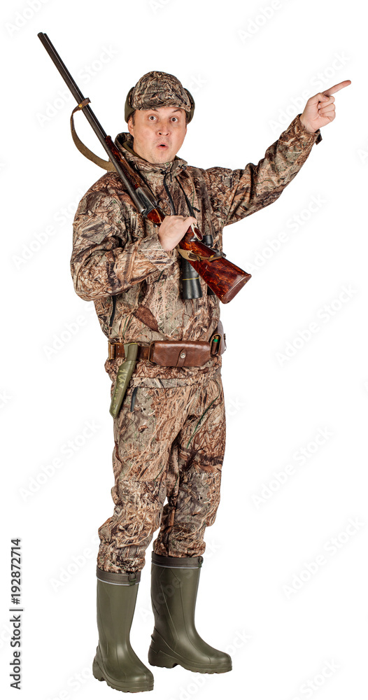 Full length portrait of a male hunter with double barreled shotgun Isolated on white background. hunting and people concept. Full length portrait of a male hunter with double barreled shotgun Isolated on white background. hunting and people concept.