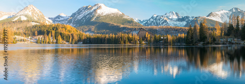 panorama of a mountain lake on a frosty morning-Strbske Pleso, Slovakia