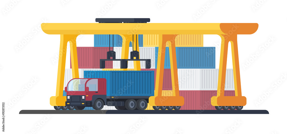 The process of loading a freight container. Sea port or railway gantry ...