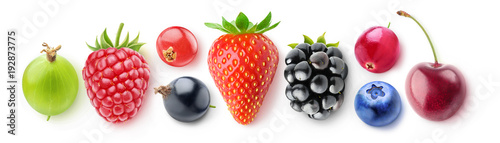 Isolated collection of berries, top view. Fresh strawberry, blackberry, blueberry, cranberry, cherry, gooseberry, raspberry, red and black currants isolated on white background with clipping path