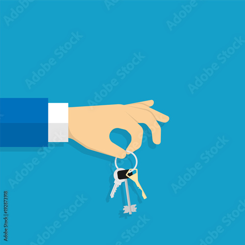 The hand holding a key. Vector illustration. Flat design style