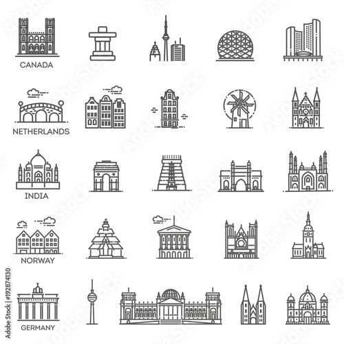 Simple linear Vector icon set representing global tourist landmarks and travel destinations for vacations #192874130