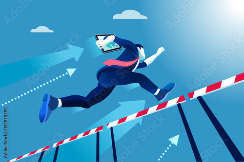 Business man jumping over obstacles a manager race concept. Overcome obstacles concept. Man jumping over obstacles like hurdle race. Business vector illustration. photo