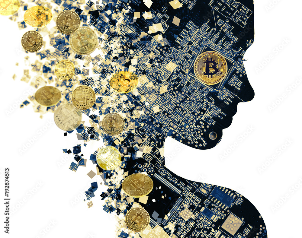 Double exposure portrait of young woman and computer board with golden bitcoins. Golden bitcoin lying on microscheme. Bitcoin mining.