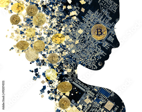 Obraz na płótnie Double exposure portrait of young woman and computer board with golden bitcoins. Golden bitcoin lying on microscheme. Bitcoin mining. w salonie