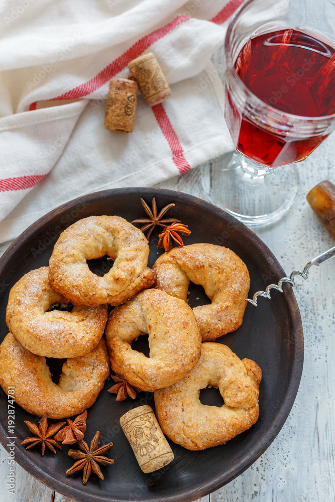 Italian wine donuts and a glass of red wine. Italian wine donuts and a glass of red wine.