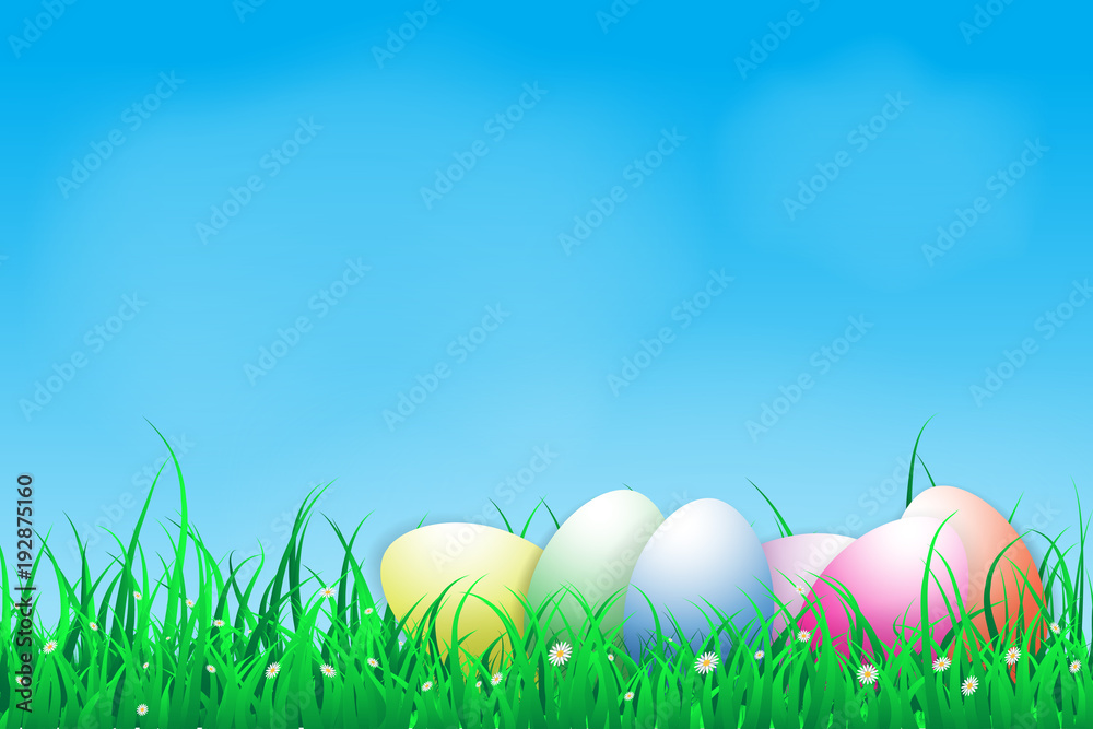 illustration of easter day with an egg on green grass blooming flower with blue sky ,copy space for a word and text ,spring festival