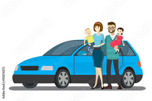 Cartoon happy family and Blue car,isolated on white background,