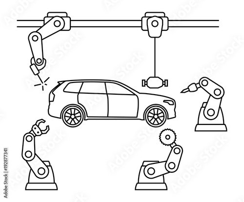 Thin line style car assembly line. Automatic auto production conveyor. Robotic car machinery industry concept. Vector illustration.