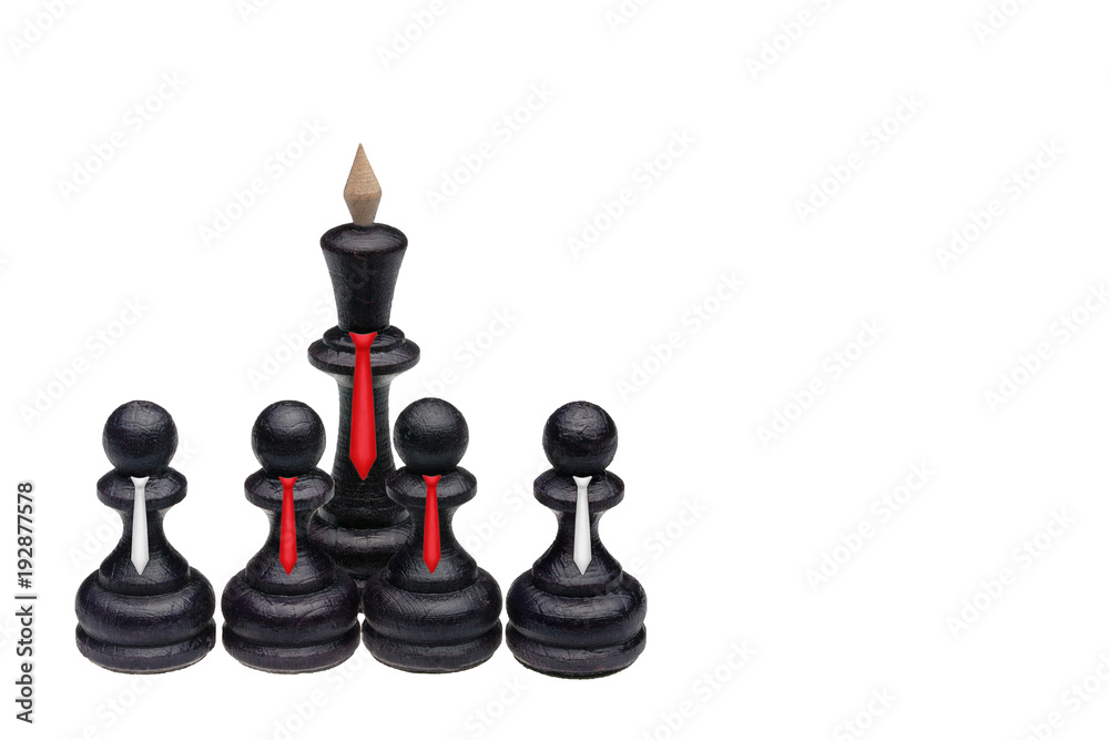 boss in red tie and his team, two in red tie and two in grey tie, made from wooden black chess queen and pawns, isolated on white background. boss in red tie and his team, two in red tie and two in grey tie, made from wooden black chess queen and pawns, isolated on white background.