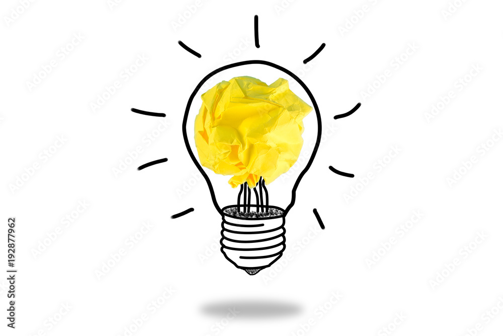 Sketch of glowing light bulb, creative idea.Concept of idea and innovation with paper ball. - obrazy, fototapety, plakaty 