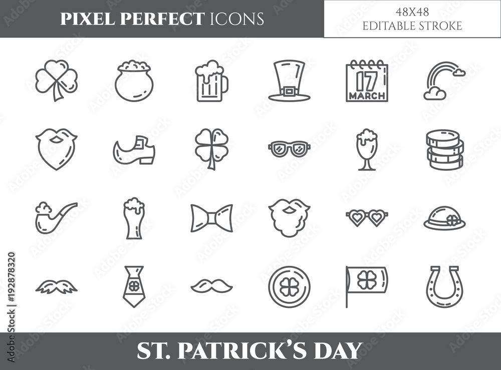 St. Patrick's Day theme pixel perfect thin line icons. Set of elements of , shamrock, leprechaun hat, gold and other holiday related pictograms. Vector illustration. 48x48 pixels. Editable stroke St. Patrick's Day theme pixel perfect thin line icons. Set of elements of , shamrock, leprechaun hat, gold and other holiday related pictograms. Vector illustration. 48x48 pixels. Editable stroke