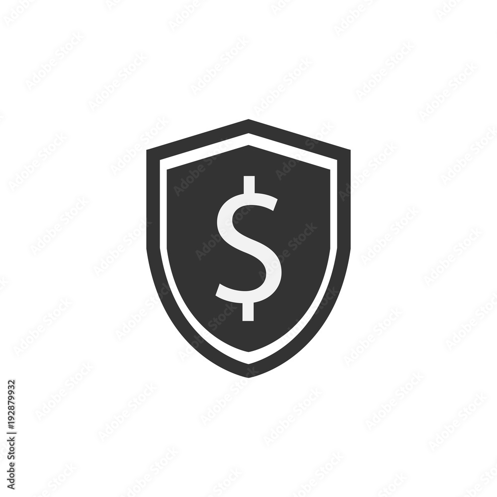 Shield icon. Dollar sign. Vector illustration. Protectoin sign. Flat design. Grey on white background. Shield icon. Dollar sign. Vector illustration. Protectoin sign. Flat design. Grey on white background.