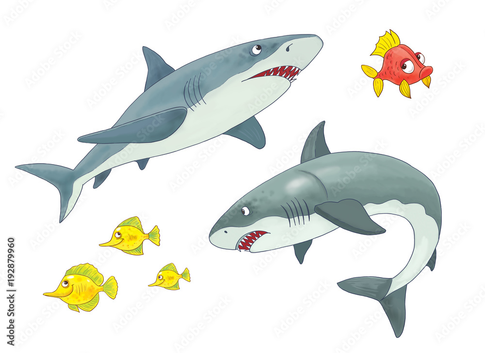 Obraz premium Cute sea animals. Ocean. Sharks. Coloring page. Illustration for children