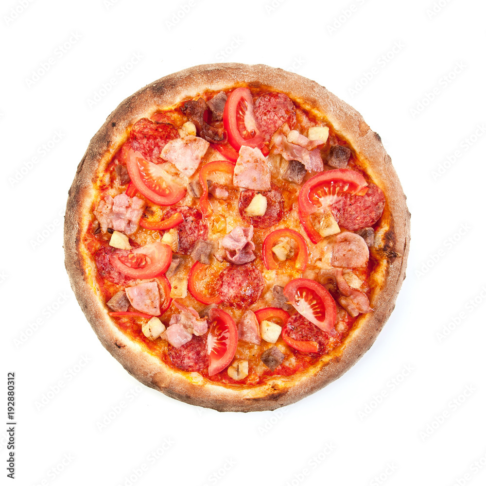 Pizza with chorizo, ham and gray tomatoes on a clean white background. View from above. Isolated.. Pizza with chorizo, ham and gray tomatoes on a clean white background. View from above. Isolated..