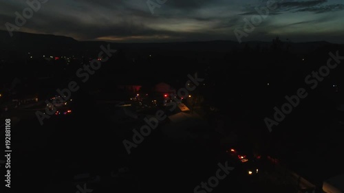 Aerial over emergeny lights in a nehborhood. photo