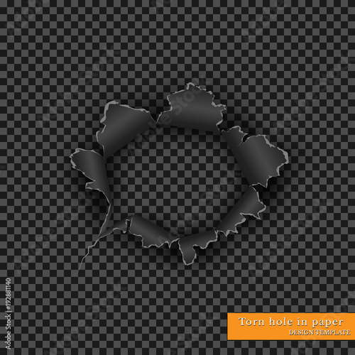 Torn hole in paper with ripped edges with shadow on transparent background. Graphic concept for your design