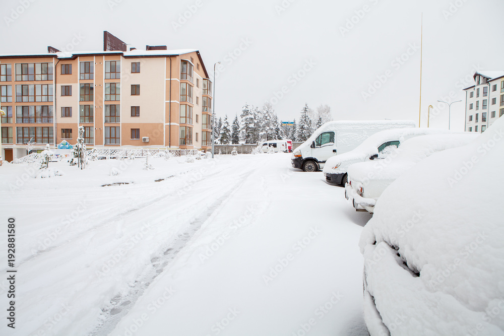 Fototapeta premium Winter day with parked cars trapped under snow