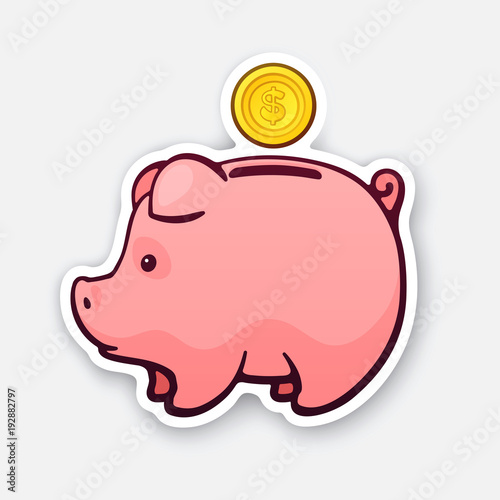 Sticker of piggy bank for cash money with gold dollar coin in side view