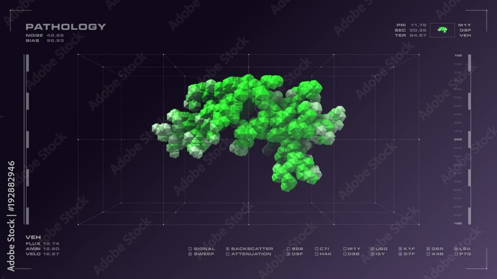 Display screen of rotating 3D organic or cellular substance, and related data. Reversible, seamless loop.