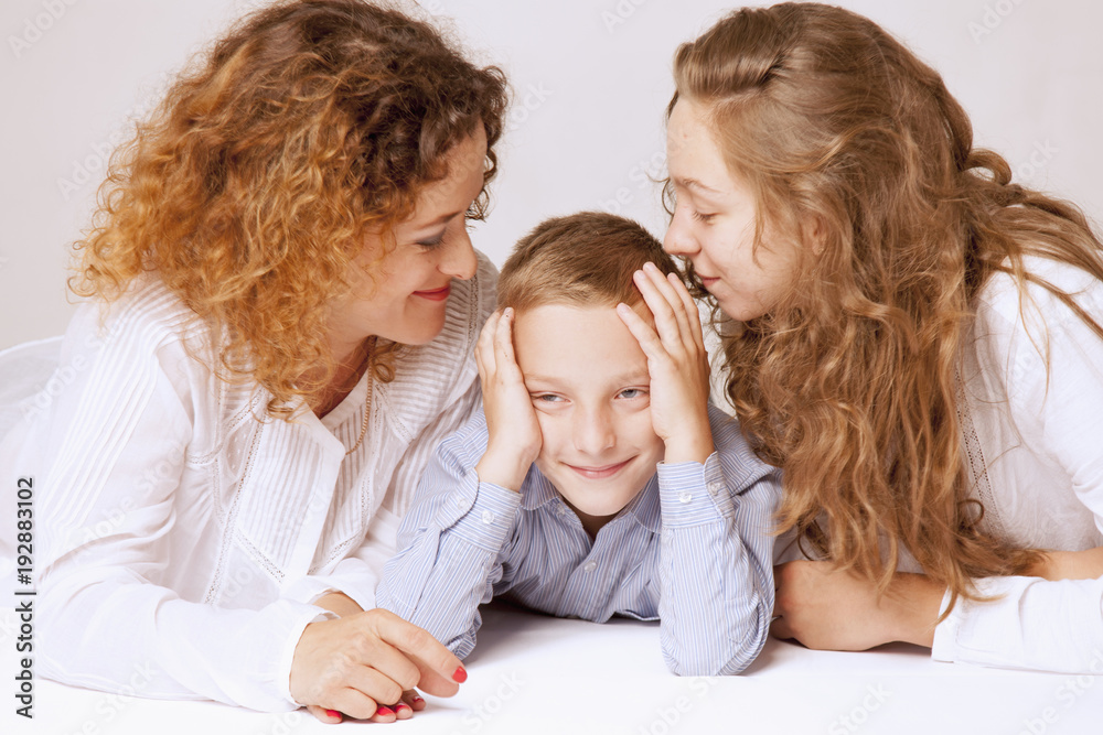 Portrait of happy family. Funny image of mother daughter and son. Generation, childhood, happiness, love concept. Portrait of happy family. Funny image of mother daughter and son. Generation, childhood, happiness, love concept.