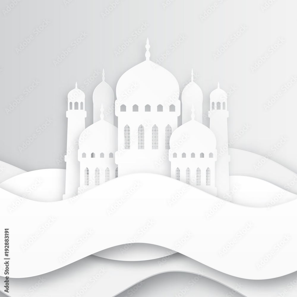 Fototapeta premium Creative islamic mosque made by paper cutout for holy month of muslim community, Ramadan Kareem celebration. Vector 3D paper mosque.