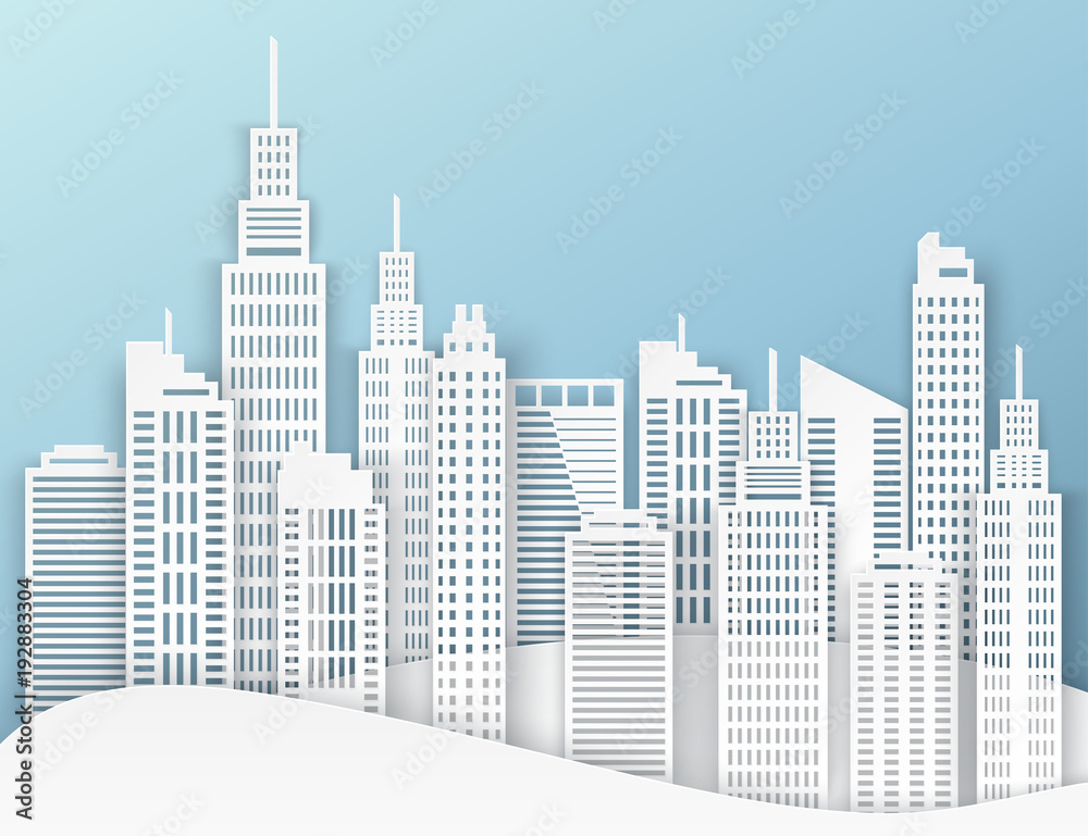 White paper skyscrapers. Achitectural building in panoramic view. Modern city skyline building industrial paper art landscape skyscraper offices. Vector Illustration