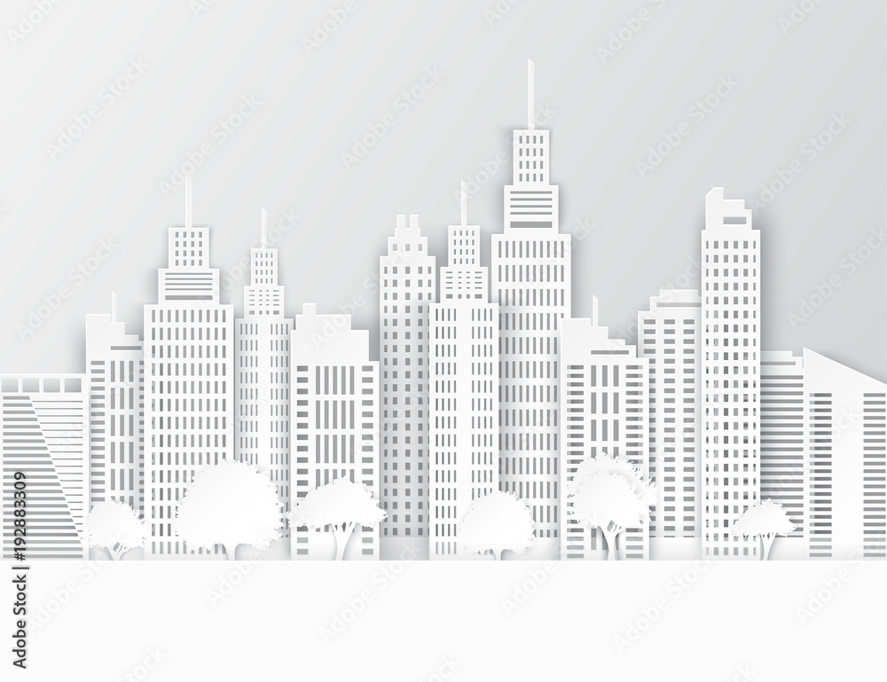 White paper skyscrapers and trees. Achitectural building in panoramic view. Modern city skyline building industrial paper art landscape skyscraper offices. Vector Illustration