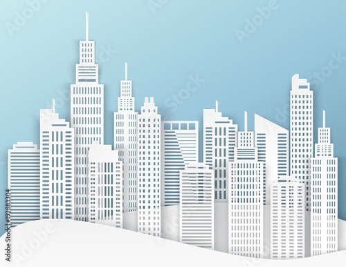 White paper skyscrapers. Achitectural building in panoramic view. Modern city skyline building industrial paper art landscape skyscraper offices. Vector Illustration © Meranna