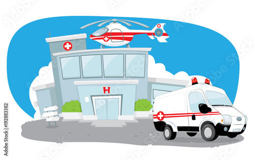 a vector cartoon representing a funny hospital building with a rescue helicopter on its roof.An ambulance in front of the building is hurrying to help someone in need.