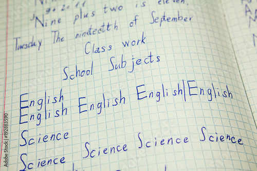 English education, vocabulary exercise book with inscription English, science words