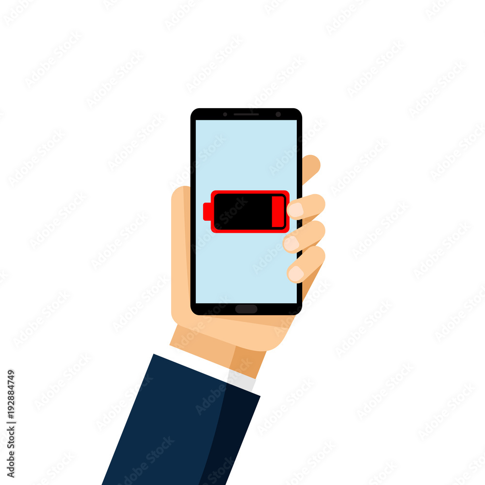 Low battery. Flat design. Low battery notification on phone screen. isolated white background