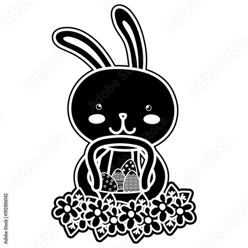 silhouette rabbit animal with eggs easter inside hamper and flowers design