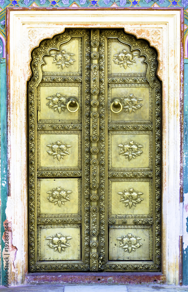 Naklejka premium Copper Door in the City Palace of Udaipur, India