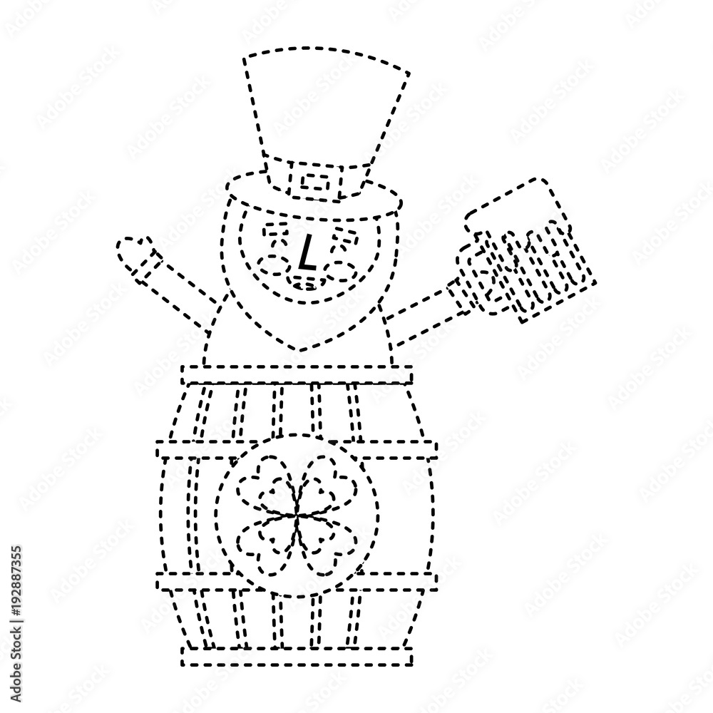 Fototapeta premium st. patricks day leprechaun inside on a barrel with a pint of beer in his hand vector illustration dotted line image