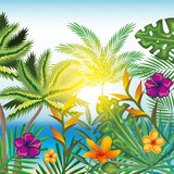 tropical and exotics flowers and leafs over beach background vector illustration design