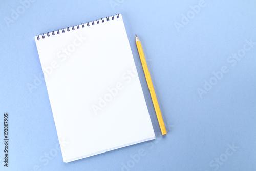 Top view image of open notebook with blank pages and coffee on blue background, ready for adding or mock up. Still life, business, office supplies or education concept.