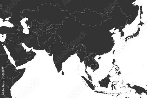 Blank political map of western, southern and eastern Asia in grey. Simple flat vector illustration.