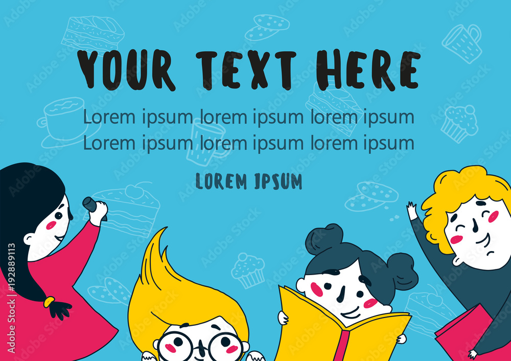 Fototapeta premium Many children reading books. Kids are having fun. Girl is drawing, another one reads, boy feels joy. Background are cupcakes, tea and cookies. Vector flat illustration with place for your text