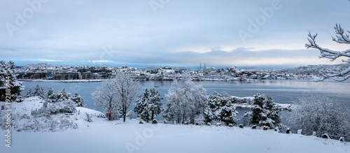 Beautiful winter day at Odderoya in Kristiansand, Norway. Trees covered in snow. The ocean and archipelago in the background. photo