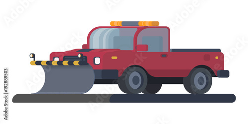 Snow removal truck or machine for highway service. Snow grooming car. Flat vector illustration.